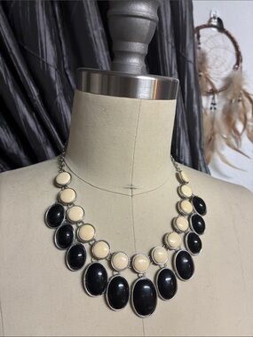 Statement Black & Cream Oval Bib Necklace - Unbranded